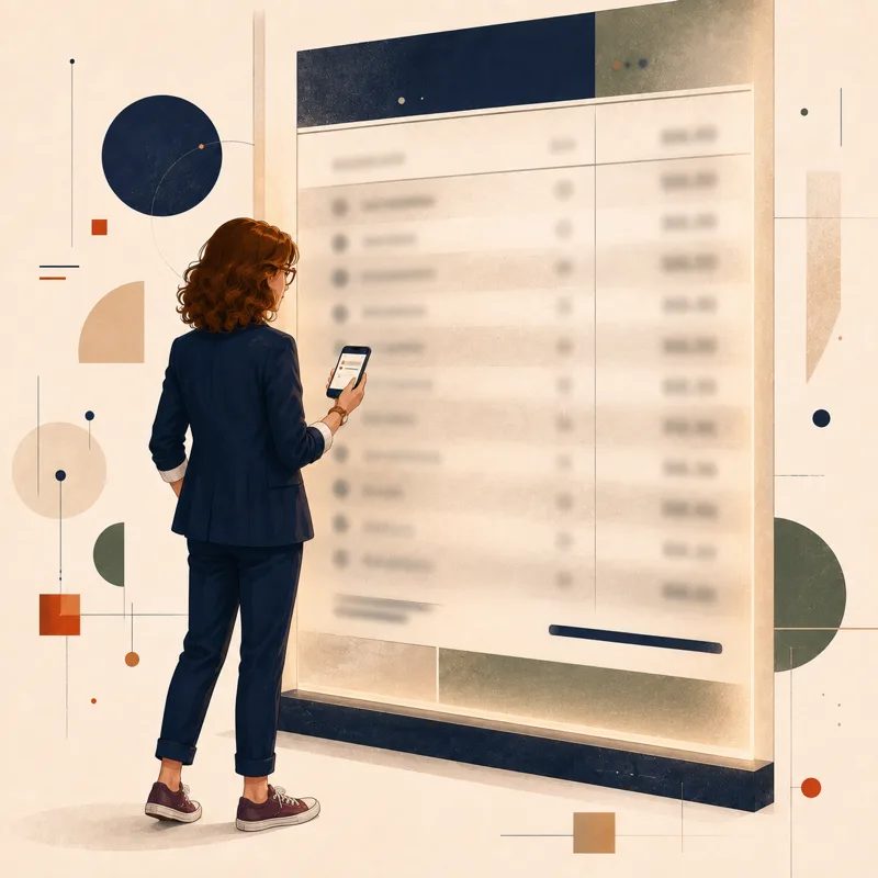 A woman with red glasses looks at a giant bank statement where every line is blurred behind frosted glass — only the totals are clear