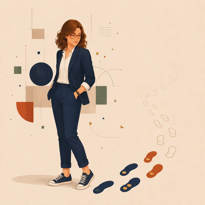 A woman looks back at her own footprints — the recent ones are solid and hold coins, while the older ones fade to outlines and then disappear entirely