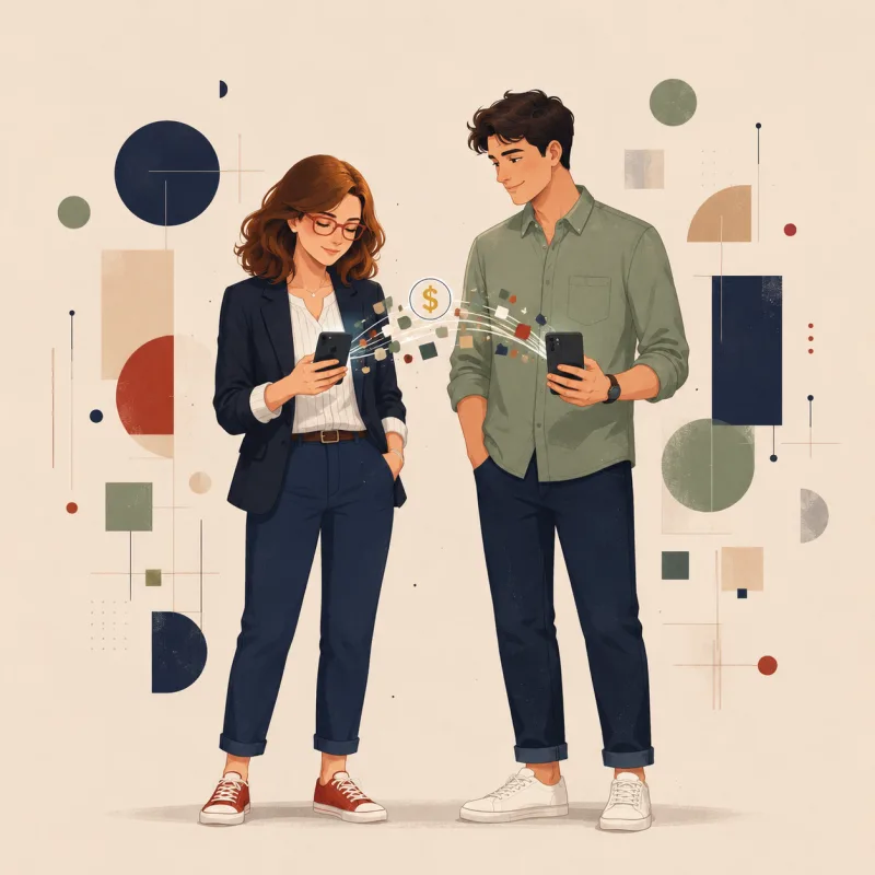 A couple logging expenses on their own phones with a shared budget syncing between them