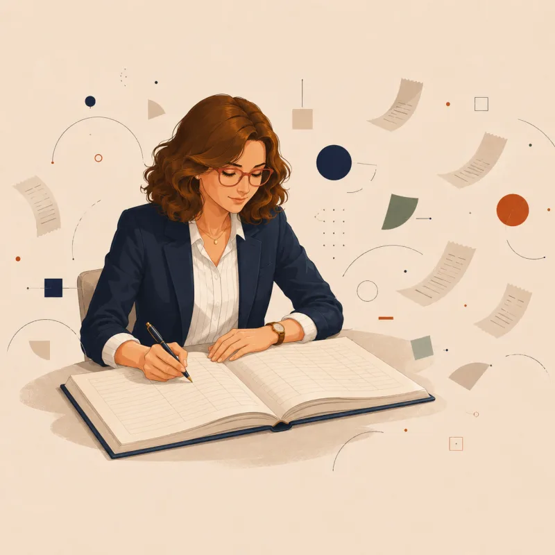 A woman writes in a ledger with neat ordered columns while small receipts drift past the page, never landing in it