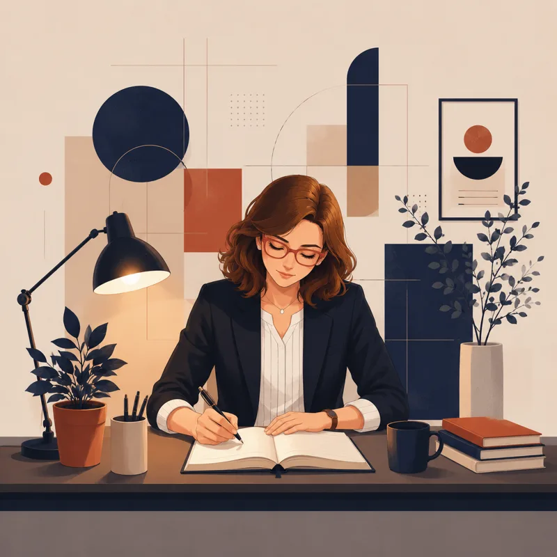 Person writing in a journal at a calm, organized desk