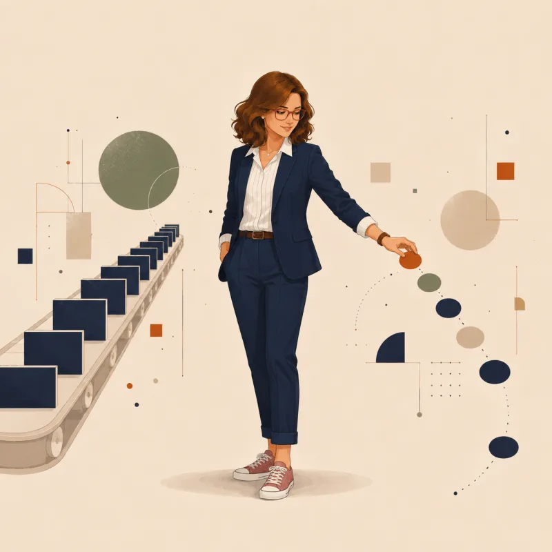 O femeie stă între două fluxuri de forme geometrice: unul curge singur, ordonat, ca o bandă rulantă; pe celălalt îl desenează ea, punct cu punct