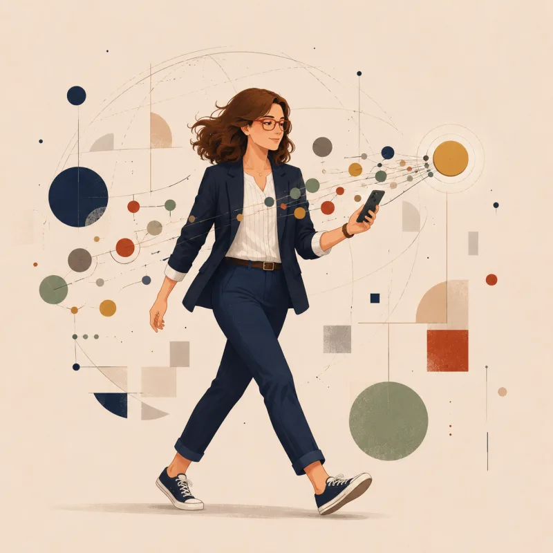 A traveler walking with her phone as coins in many currencies converge into a single home-currency total