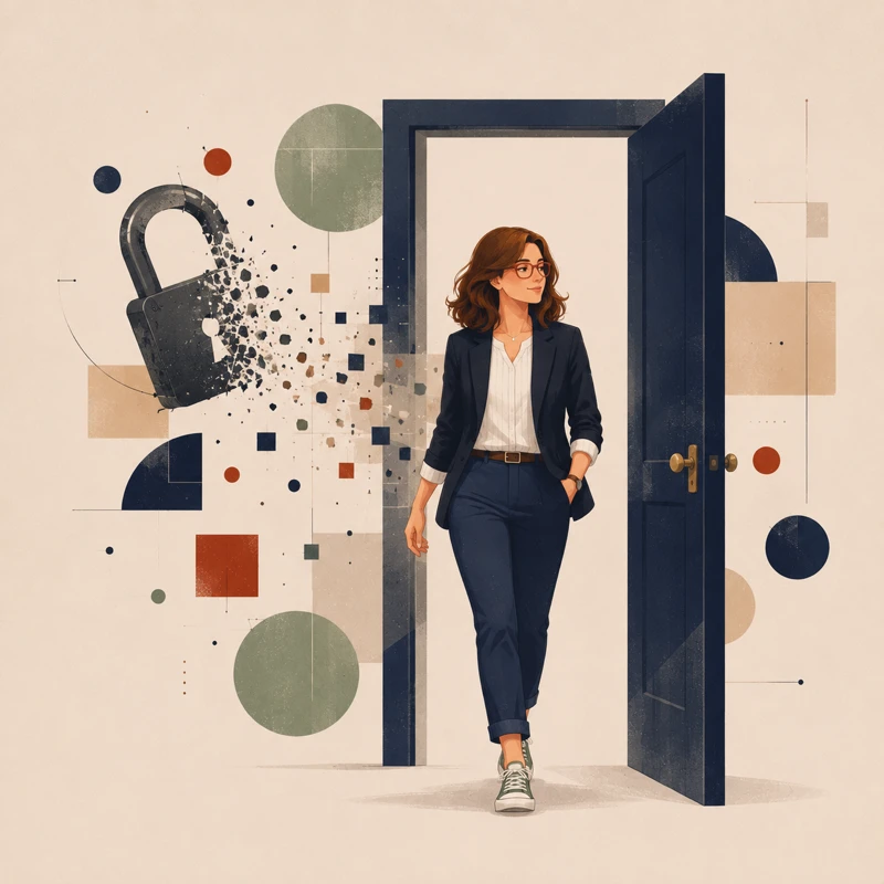 A woman walking through an open doorway with no lock or key, a dissolving padlock behind her