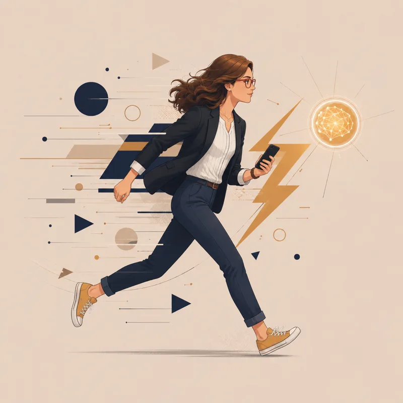Person running with a phone, lightning bolt and AI orb suggesting speed