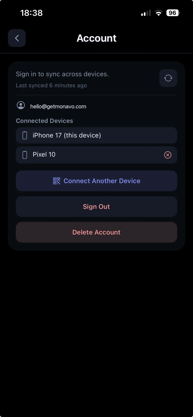 Monavo — ecranul de conectare a dispozitivelor prin cod QR