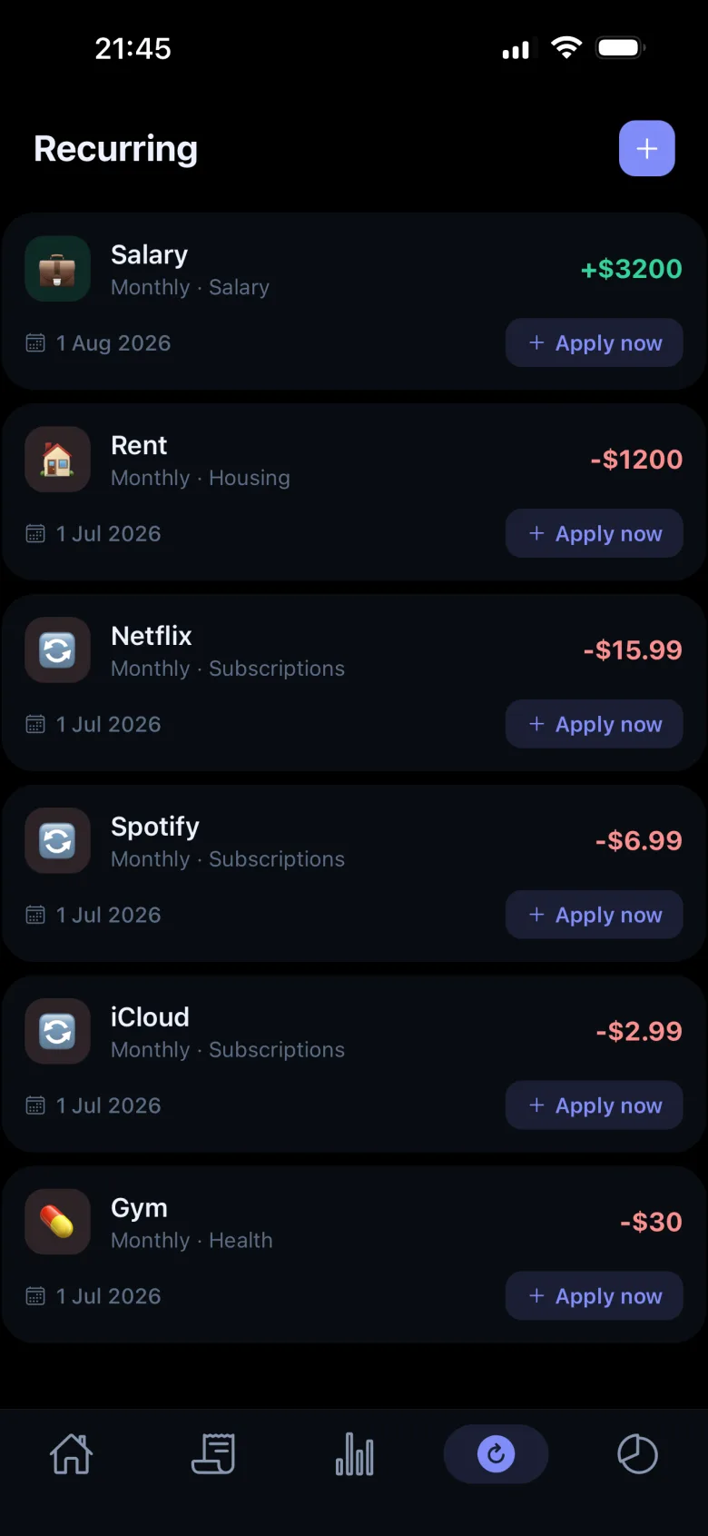 Monavo recurring bills and subscriptions tracker